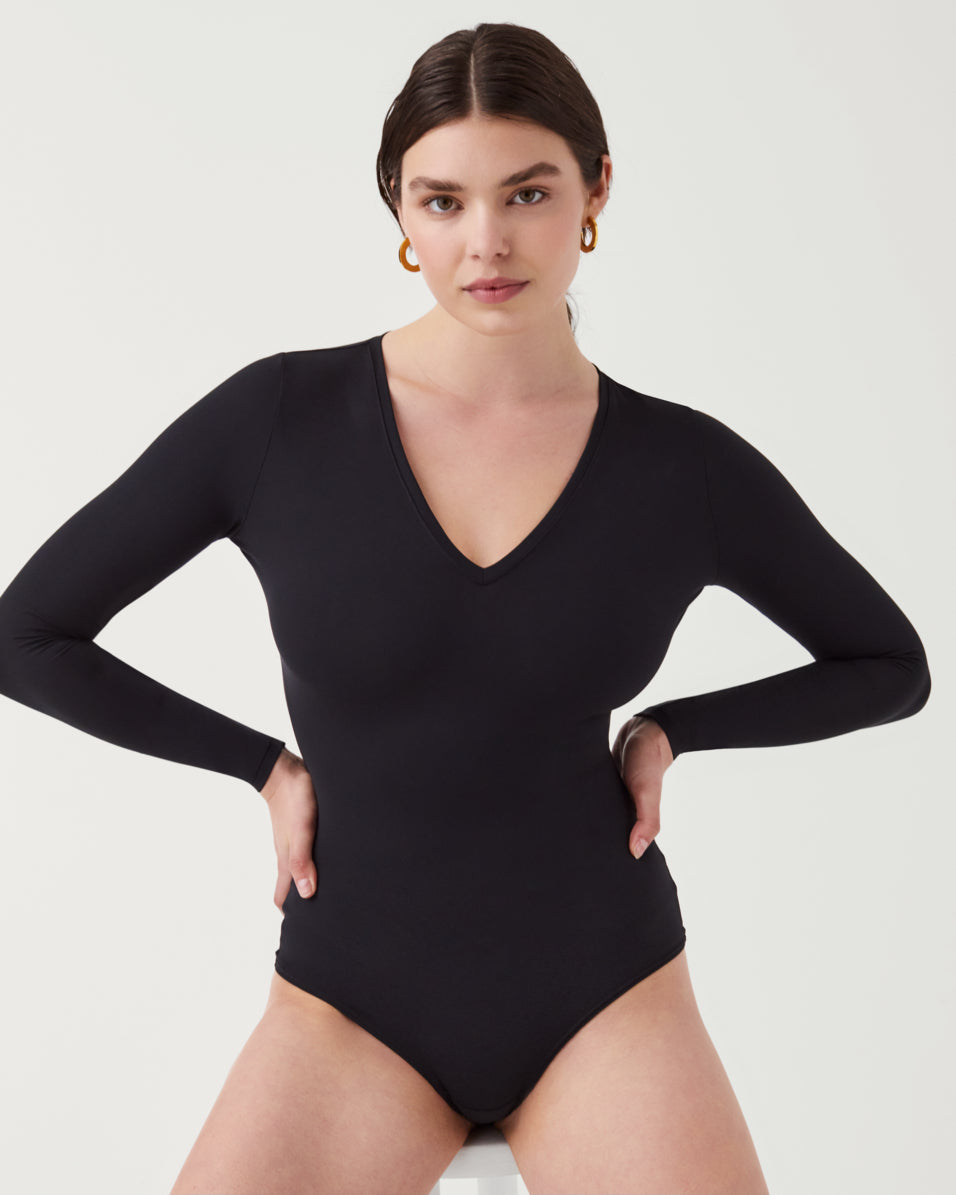 Long Sleeve Thong Bodysuit for Women, Deep V Collar Clothing Tummy