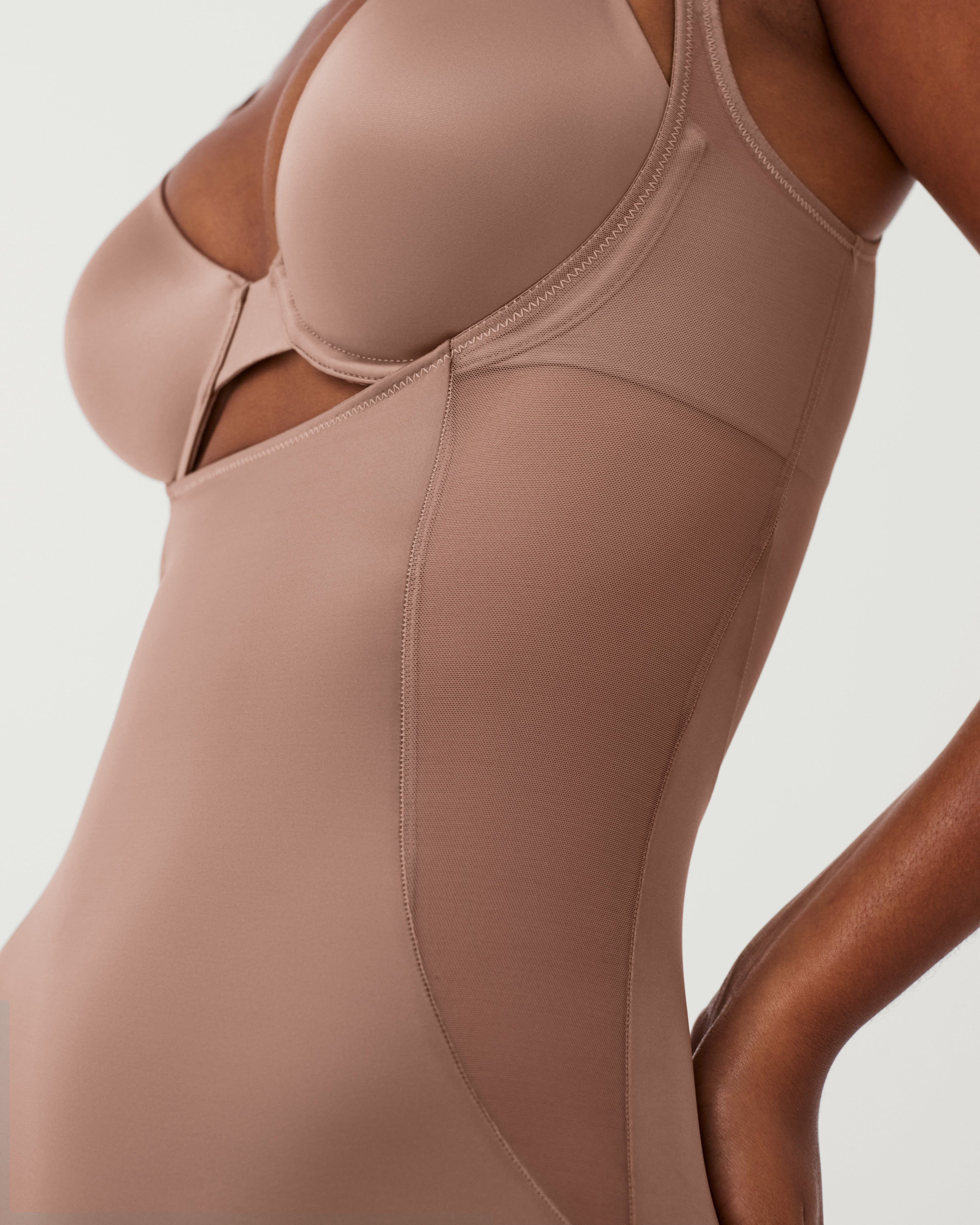Womens Taupe Shapewear Open-Bust Mid-Thigh Bodysuit