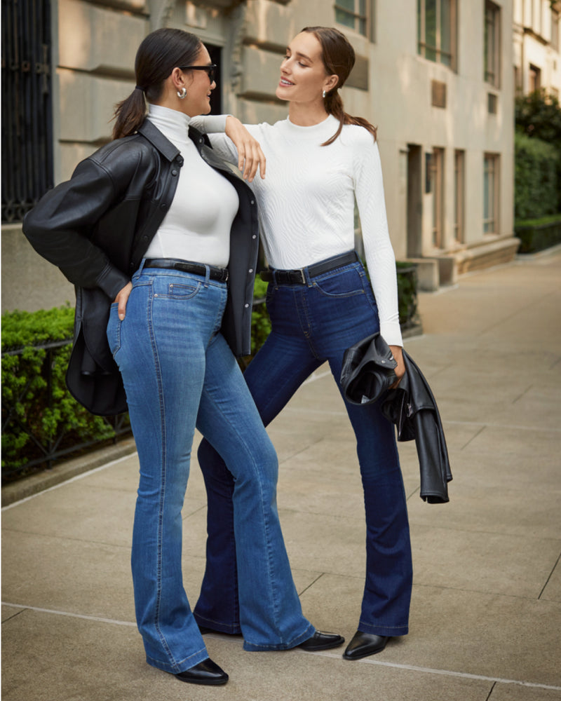 Ladies Flare Jeans High Rise Stretch 70s Retro Denim Acid Wash LCJ