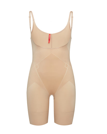 $98 Spanx Women's Beige Thinstincts Open-Bust Mid-Thigh Shaping Bodysuit  Size S