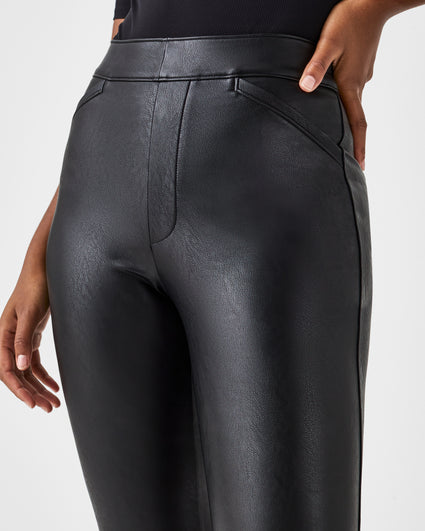 Women Faux Leather Pu Pants Split Front Elastic High Waist Flare