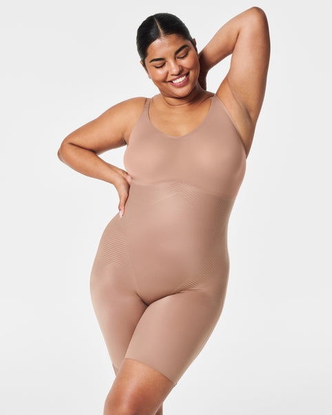 Womens SPANX brown Thinstincts 2.0 Open-Bust Mid-Thigh Bodysuit